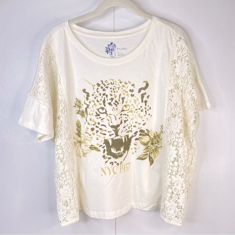 Pilcro Leopard Print Graphic Tee Crochet Details Crew Neck Short Sleeves Size XL - Picture 4 of 14